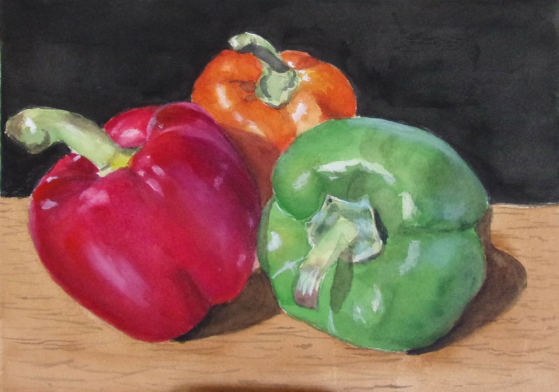 Three Peppers still life watercolor on arches #140 cold press 9×11