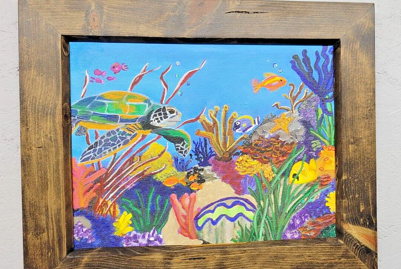 HAND PAINTED ACRYLIC UNDERWATER SEA TURTLE PAINTING WITH CUSTOM WOOD FRAME