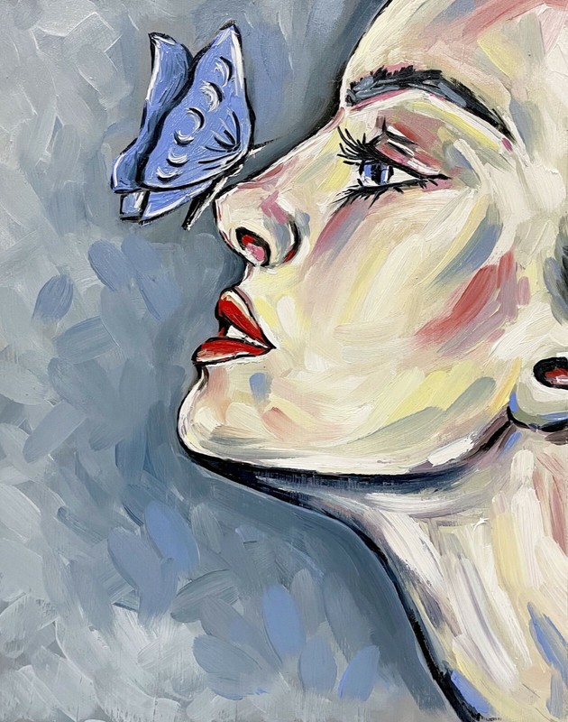 Original Oil Painting Woman Face Art Female Butterfly Art10x8 inches Afford Art