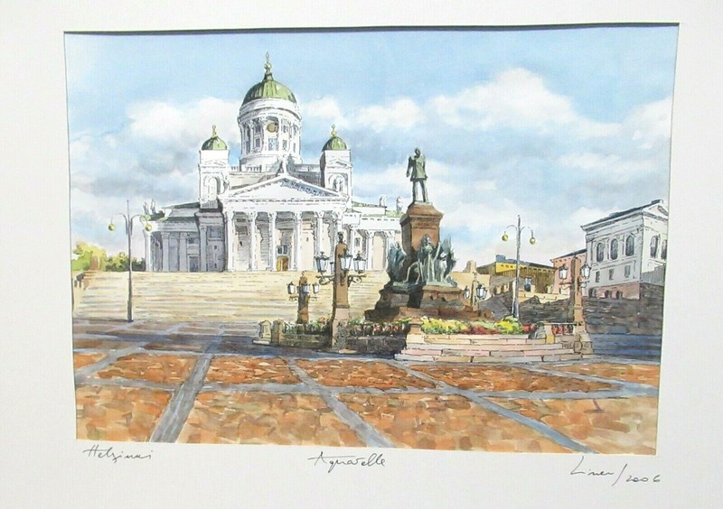 HELSINKI LUTH CATHEDRAL SCENE ORIGINAL WATERCOLOR PAINTING SIGNED DATED 2006