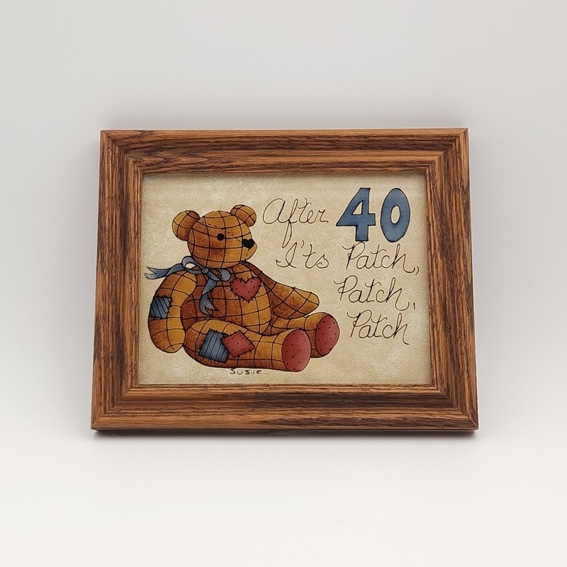 Reverse Painted Glass Wood Frame Art Quote Humor Teddy Bear 6.5″ x 8″ Signed