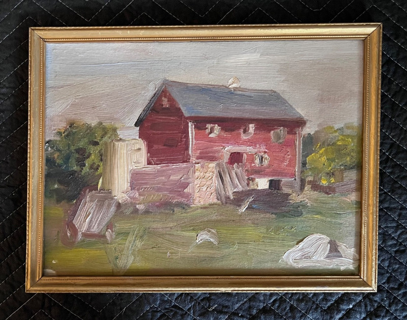 Vintage 1960’s Signed Pennsylvania Impressionist Oil on Board Barn Landscape