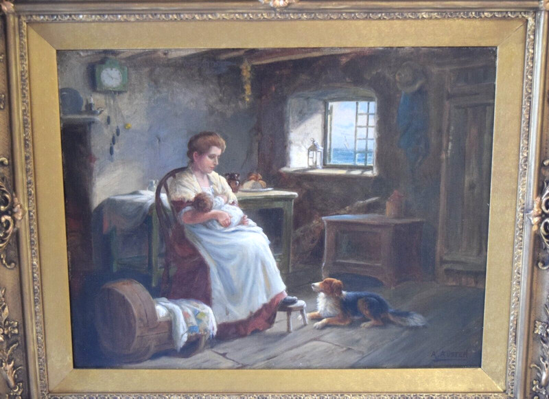 Finely Framed Signed Realistic Oil Painting by Alexander Austen Mother Child Dog gallery