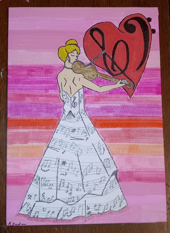 Lady In Musical Notes Dress Playing Violin, On Canvas 5×7