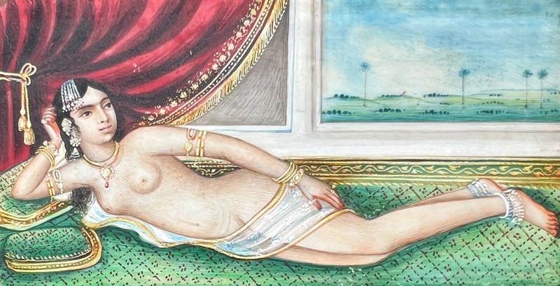Superb, Late 18th c. Miniature Mughal Style Painting of a Reclining Odalisque gallery