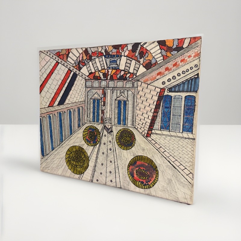 Original Mixed Media Abstract Architecture Art (Acrylic, Ink, Model Paint)