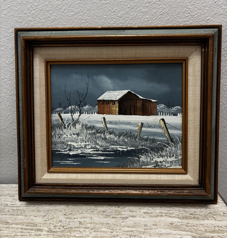 Everett Woodson Winter Barn Scene Original Oil On Canvas Painting Framed Signed