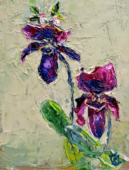 Unique Black Orchid oil on cardboard palette knife painting. Signed,Impression. gallery