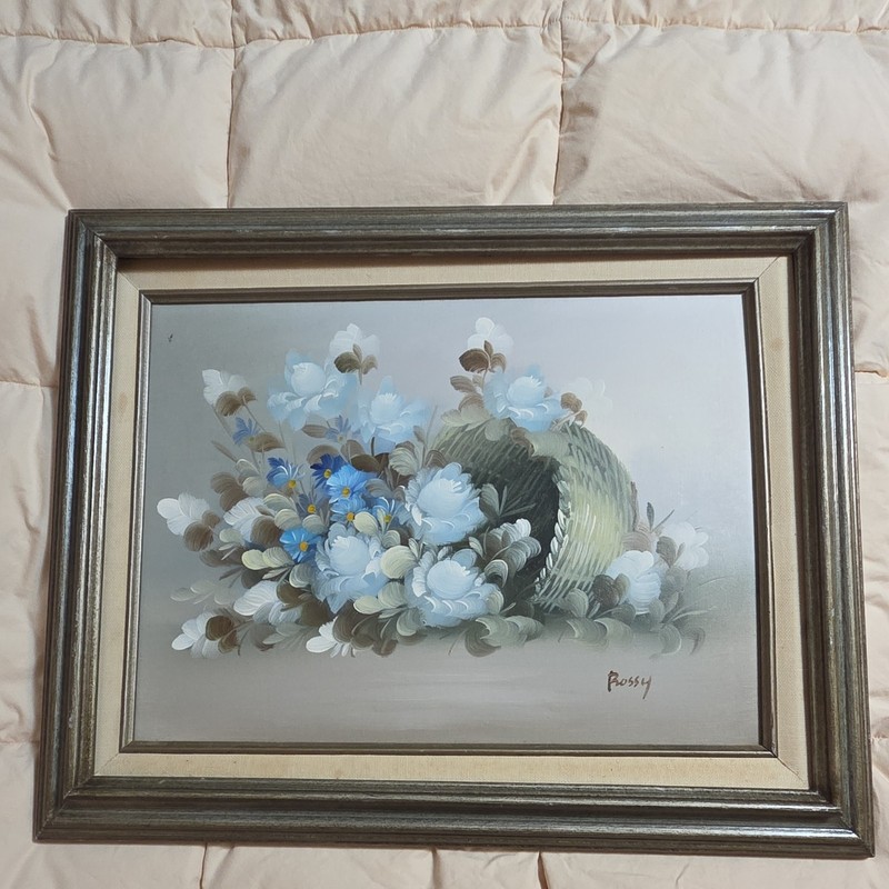 Rossy Framed Signed Floral Still Life Basket Painting on Canvas, Medium