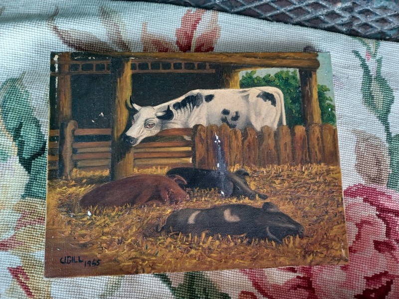 VINTAGE ARTIST SIGNED V GILL PIGS COW FARM ANIMALS BARN OIL PAINTING ESTATE FIND