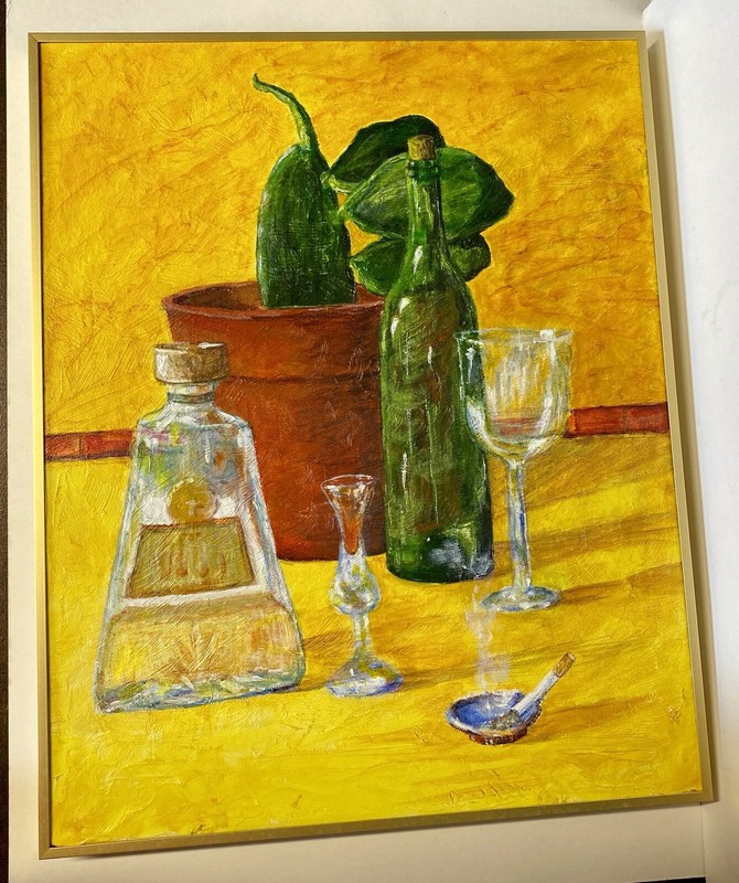 Vintage Contemporary Oil Still Life Wine Glass Bottle Cigarette Pepper Framed