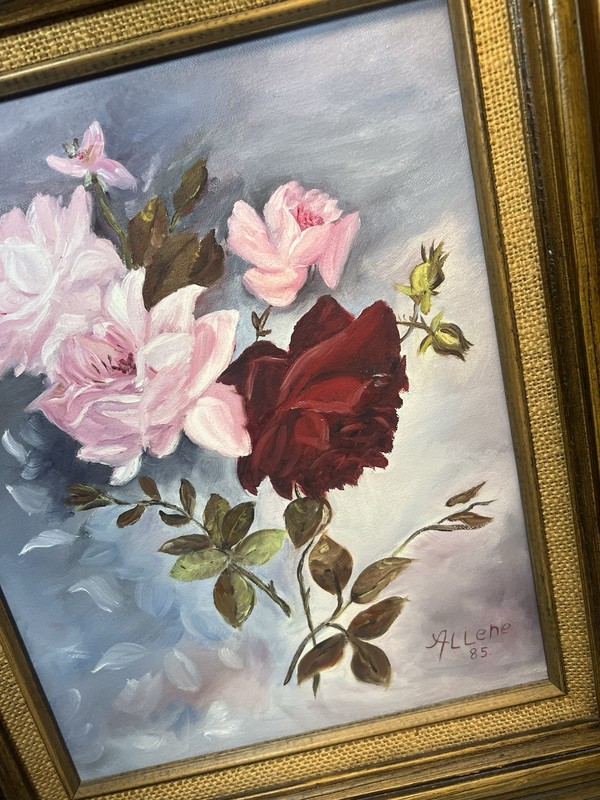Vintage Pink Red Roses Floral Oil Painting 21×19 Canvas Wood Frame Cottagecore