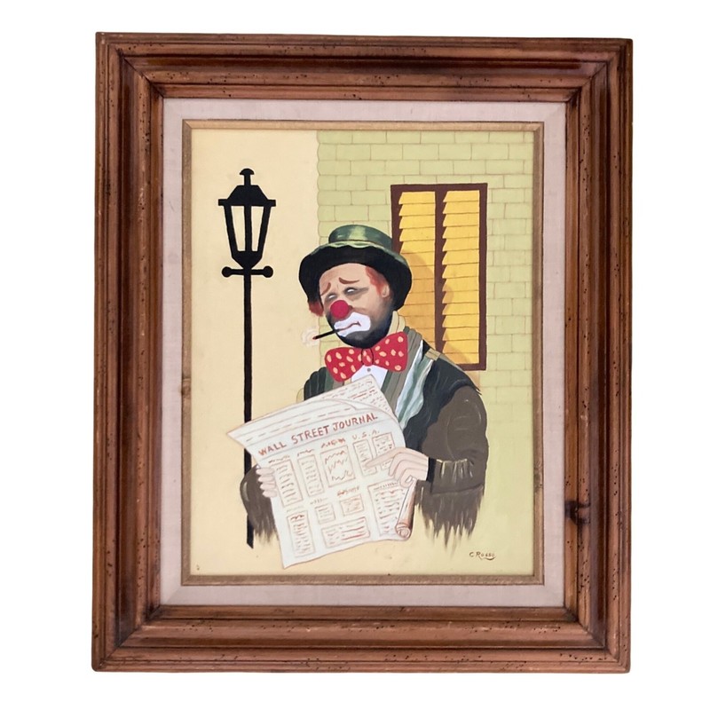 Vintage Sad Clown Painting Reading The Wall Street Journal