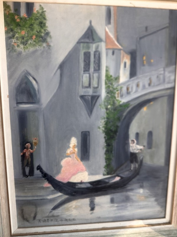 Vtg Impressionistic Venetian Lady moonlight Sonata Painting Venice Side Canal
