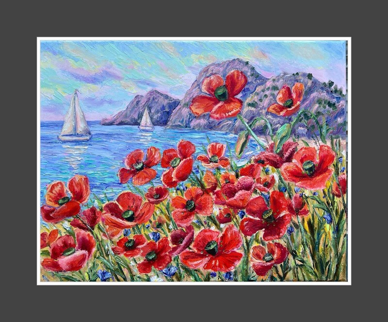 Original Floral Seascape Oil Painting Poppy Flower Art 14x18 Coastal Wall Decor gallery