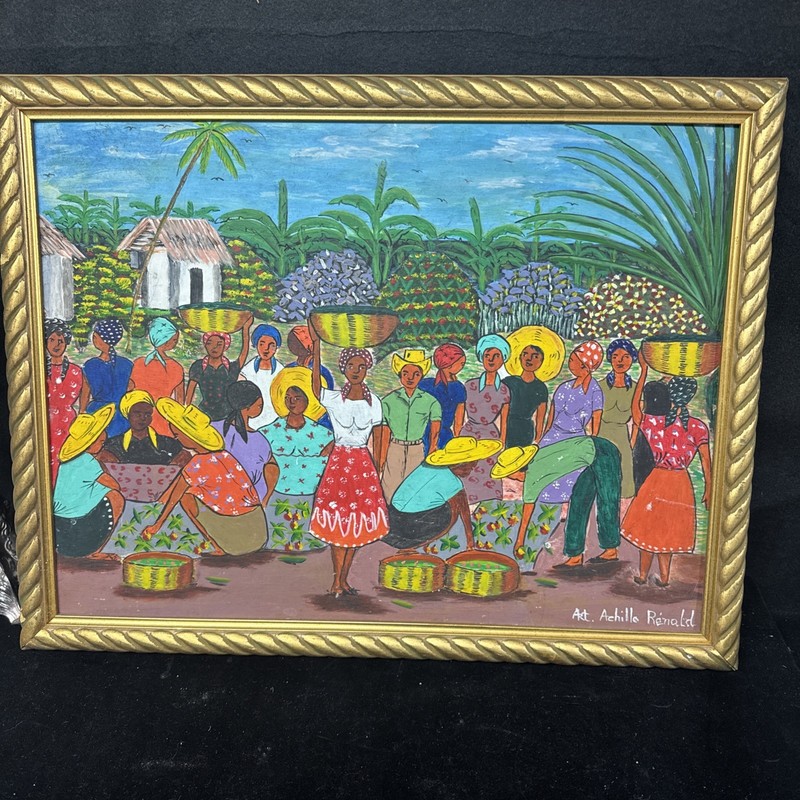 Achille Rénald HAITIAN PAINTING OF A CROWDED 17” By 22”