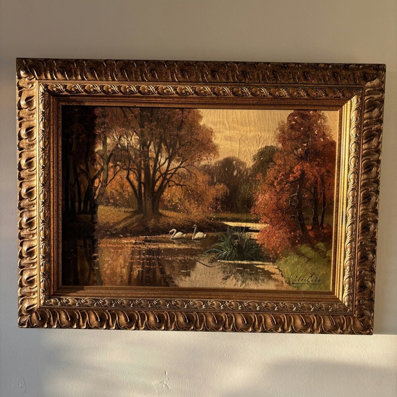 Original Landscape Oil Painting "Swans Reflected" Authentic Large Art gallery