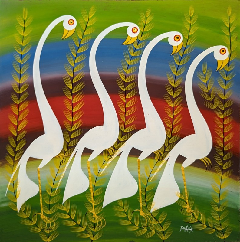 YUSUFU's WHITE FLAMINGO IN PROCESSION Classic Tingatinga on board 2'by2'