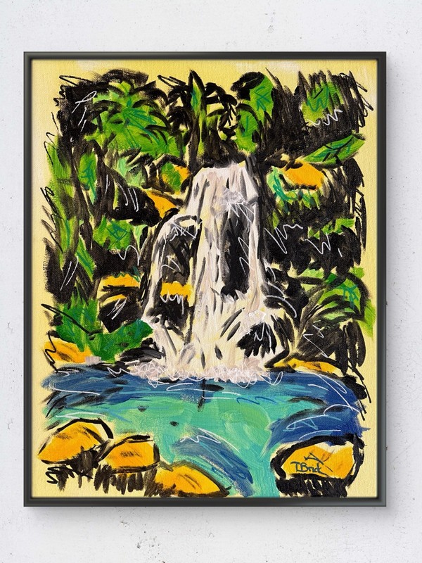 Original Tropical Waterfall Expressionist 11x14 Signed Acrylic Canvas Painting