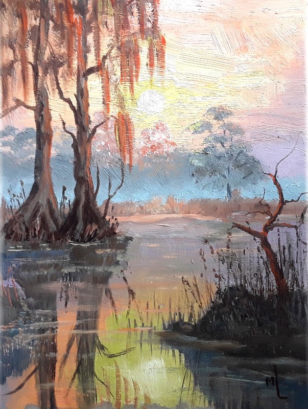 Original Oil Painting Louisiana Swamp Art Cypress Tree Artwork Sunset Art 8×10″