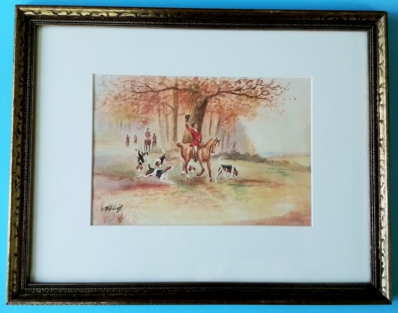 VINTAGE HUNTING DOGS WATERCOLOR LANDSCAPE PAINTING~SIGNED W.J CROFT-LOOK !
