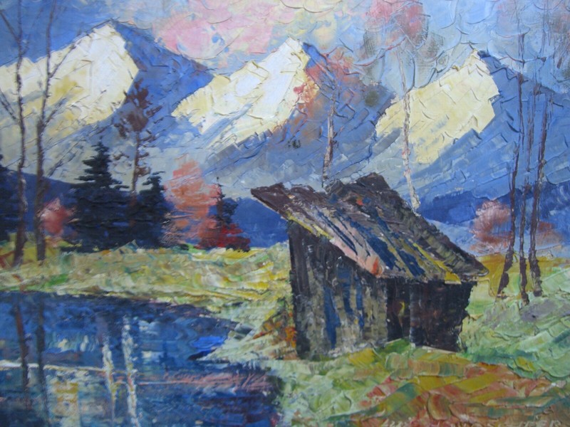 Luis Hendschler Alpine Lake Hut Evening Moonlight Meadow Autumn Antique Signed gallery