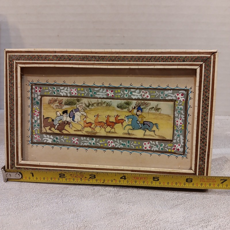 VTG Persian Miniature Painting in Khatam Marquetry Frame Hand-Painted gallery