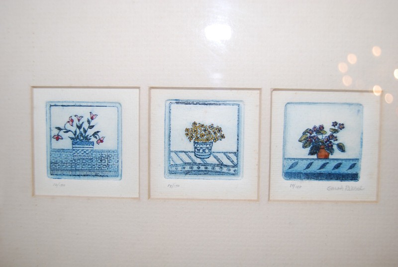 VTG FRAMED 3 MINIATURE SIGNED SARAH RISHEL COLORED ETCHING POTTED FLOWER PLANTS gallery