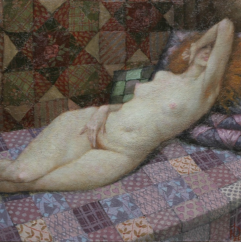 Original Oil Painting Female Redheaded Woman Figure in Bed Quilt Figurative Art