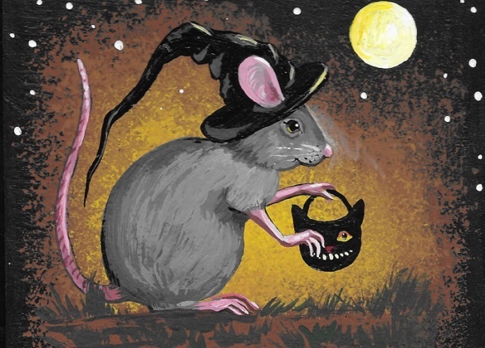 ACEO PRINT OF PAINTING HALLOWEEN RYTA MOUSE WITCH VINTAGE STYLE FOLK ART RAT BAT