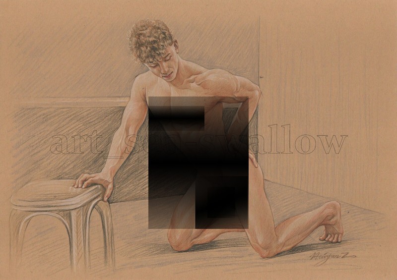 Original drawing A4 Art Colored Pencil painting male model on kraft paper 113