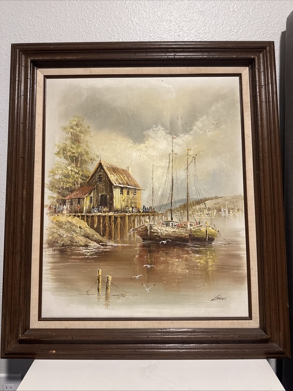 Oil Painting On Canvas/ Framed Signed by Luini Boat At Docks – Free Shipping!