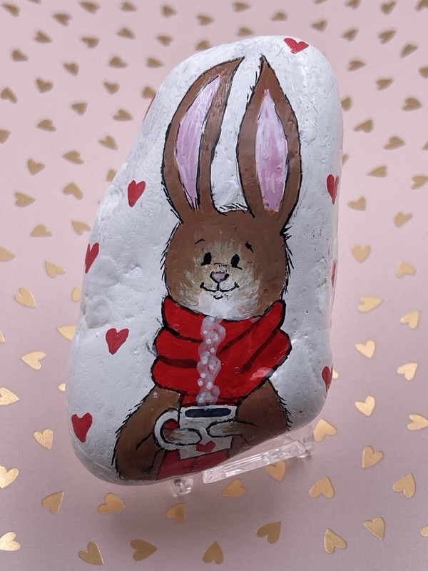 Winter Love Bunny Wearing Scarf with Hot Cocoa, Hearts, Painted Rock gallery