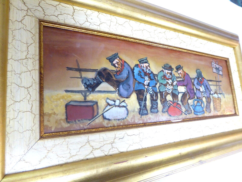 Vintage Shmuel Goldstein Artist Oil Painting Wood Board Art 5 Men Jewish Scenes gallery