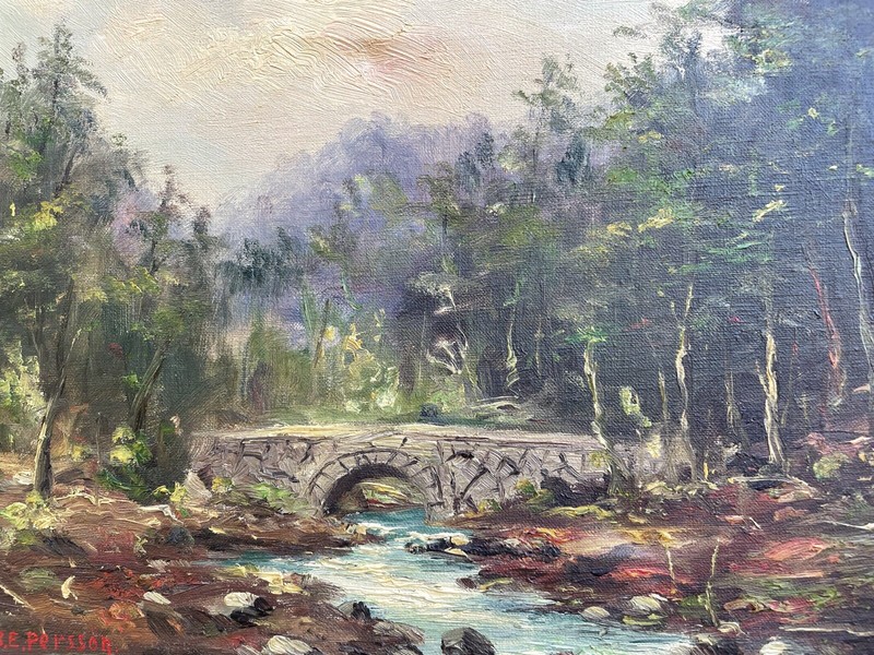 NATURALIST LANDSCAPE WITH RIVER BRIDGE BANK STONES TREES MOUNTAINS SKIES SWEDEN gallery