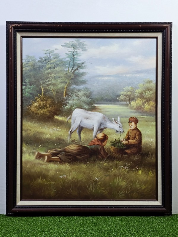 Vintage Bill Hopeman Original Oil Painting Children & Goat Landscape Framed COA