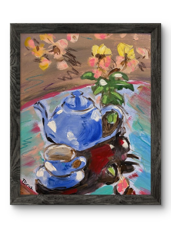 Teapot and Flowers Painting Original Impressionist Tea Still Life Artwork gallery