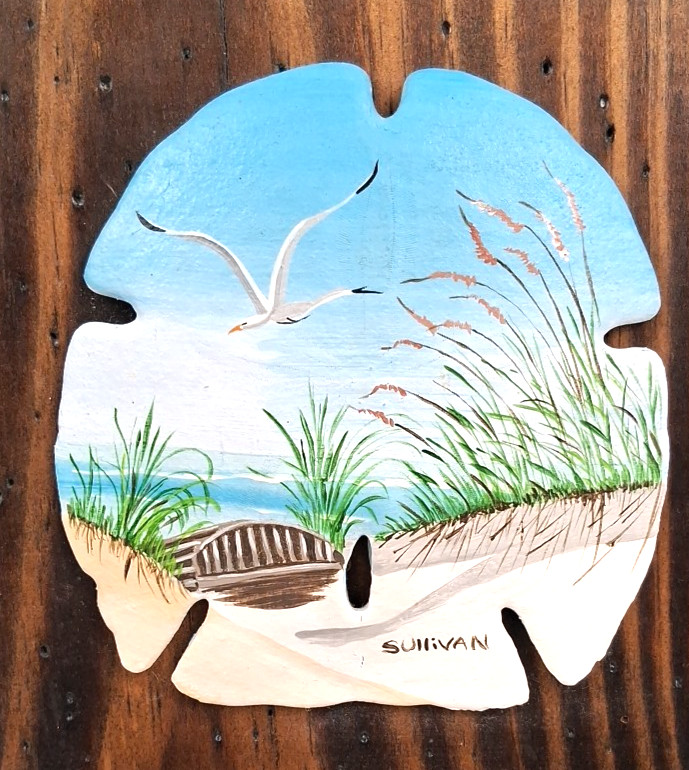 VTG Sand Dollar Seashell Hand Painted Beach Ocean Seagull Signed Art Plaque