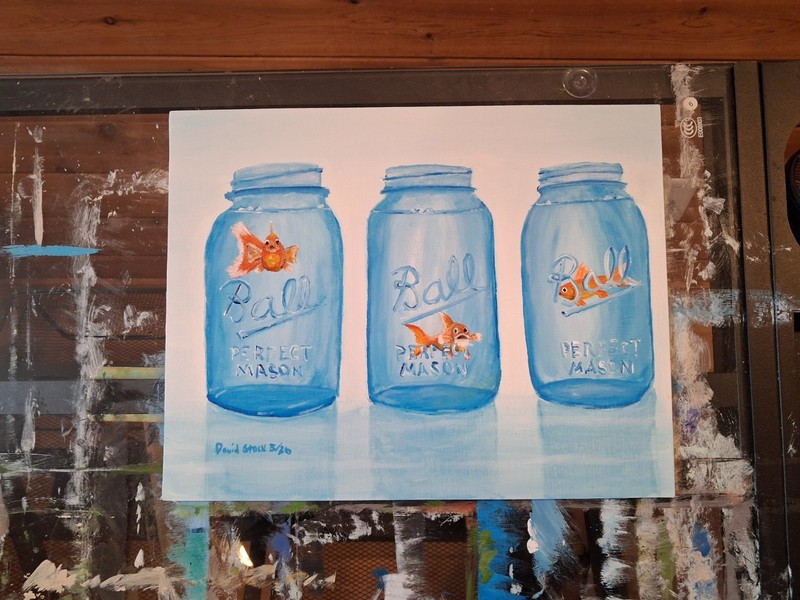 Three Goldfish Ball Jar Unframed Signed David Stock Original Art Painting 11×14