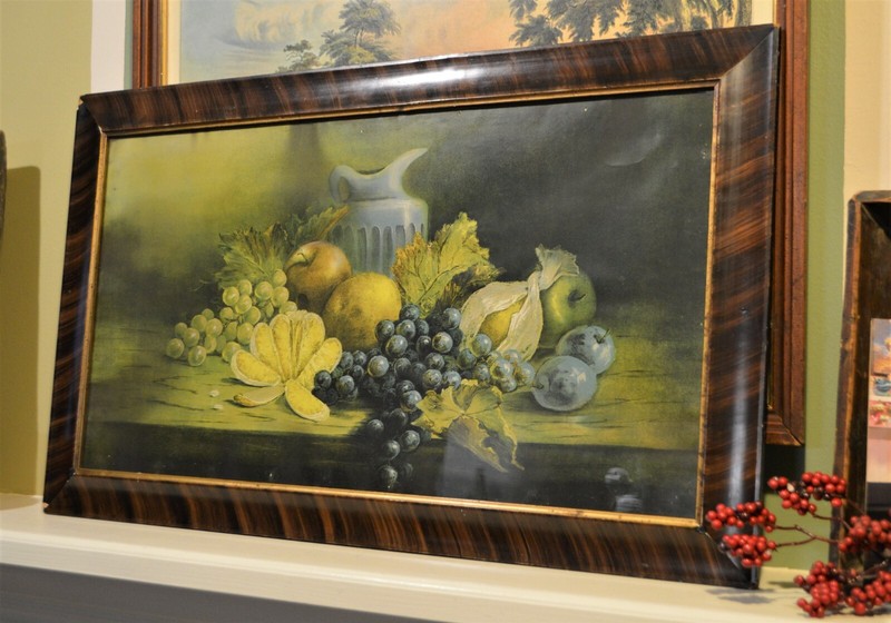 Victorian Table of Fruit & Pitcher LItho Print, Faux Tiger Wood Frame Wavy Glass