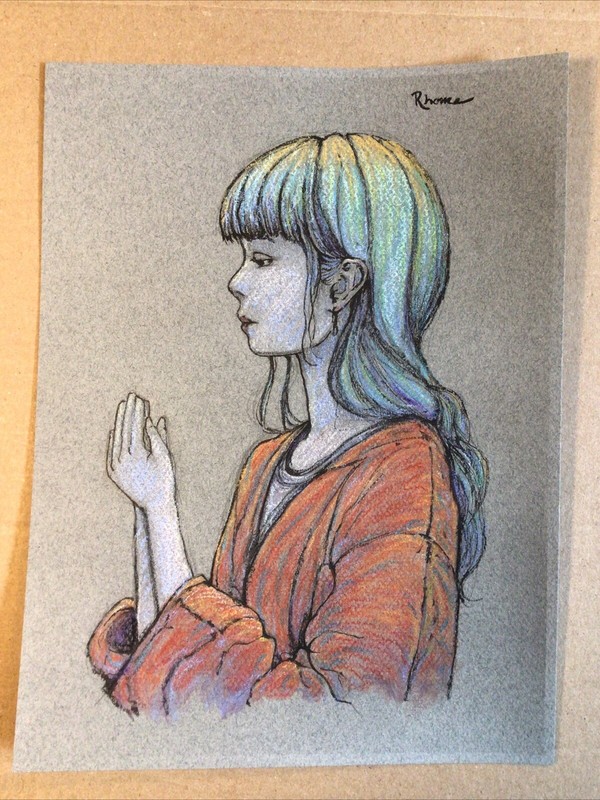 Original Pastel And Ink Sketch, 9x12 Inches, Woman Praying, Multicolor Hair gallery