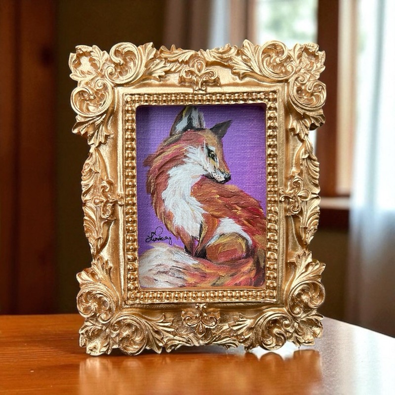 Red Fox watercolor print of original painting in mini vintage style ornate frame