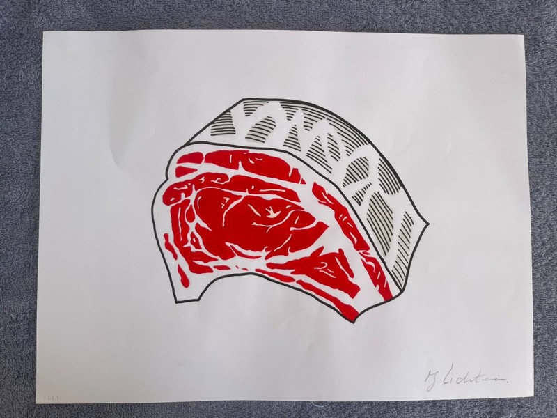 ROY LICHTENSTEIN (15.7x 11.8) painting on old paper signed stamped