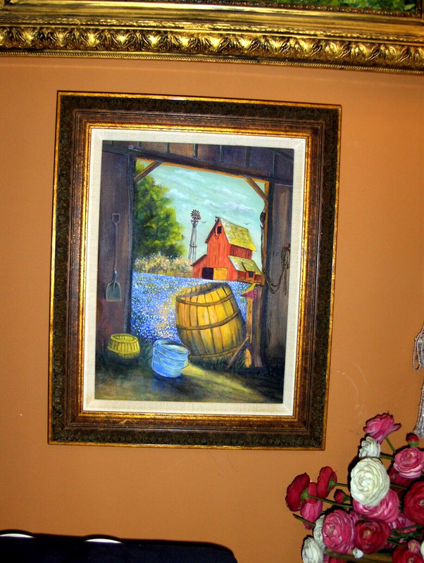 Bluebonnets Blooming Tree Barns Barrel Tool Waterwheel Bird Sky oil cnv Painting gallery