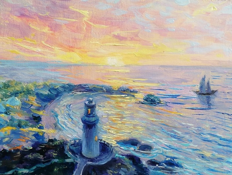 Radiant Sunset over the Sea Impressionist Miniature Lighthouse and Sailing boat