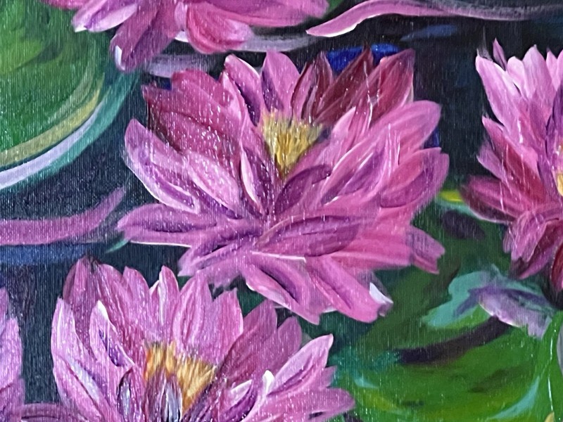 Pink Water Lilies VLP Original Art Acrylic on 16x20” Canvas w/Frame Signed w/COA gallery