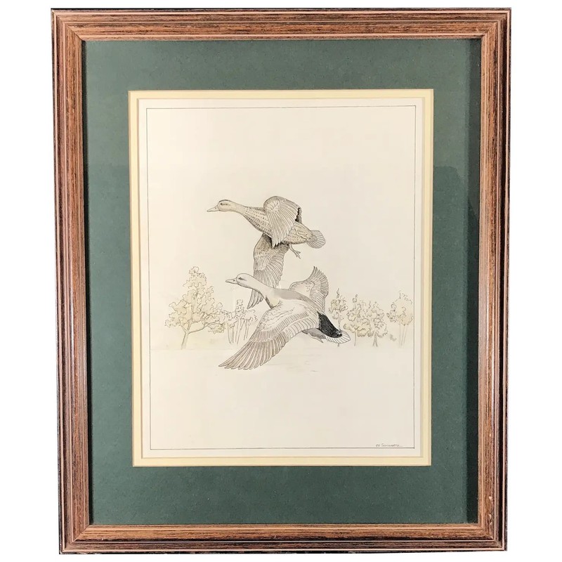 Ducks in Flight Original Ink and Watercolor Painting – Signed, Framed & Matted