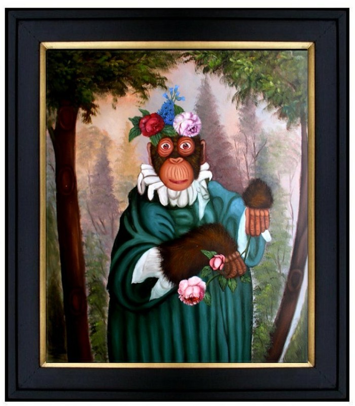Framed Monkey Holding Flowers, Quality Hand Painted Oil Painting 20x24in