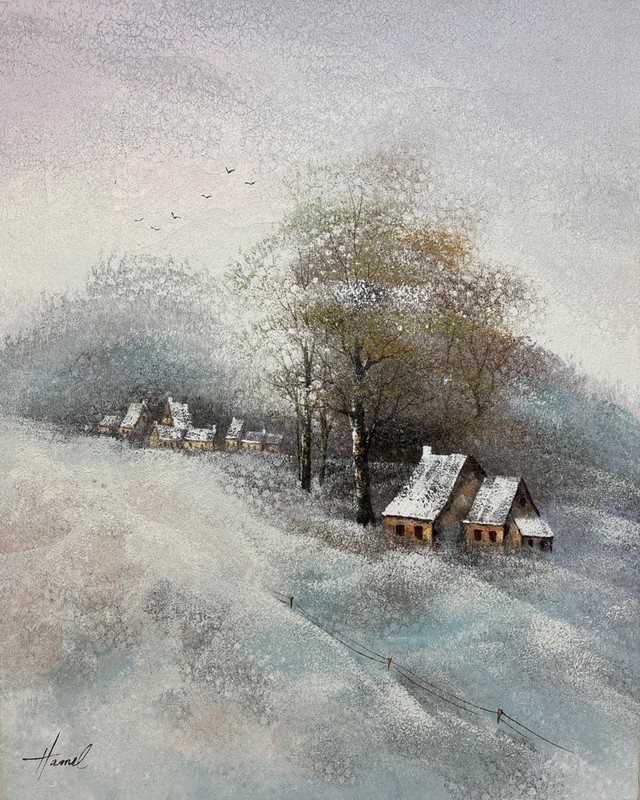 Vintage Original Impressionist Village Winterscape Oil Painting Signed Hamel