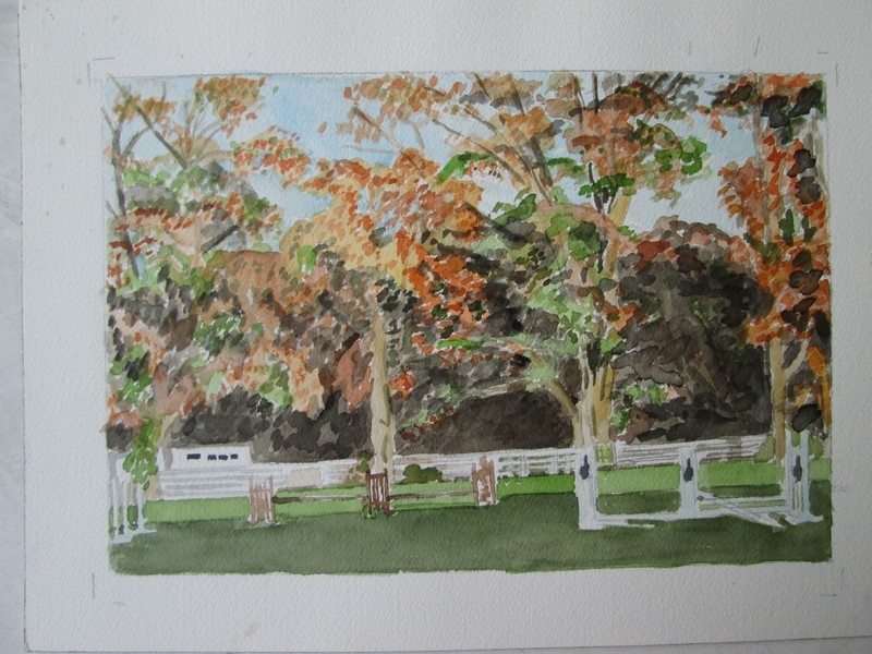 CT, COLEBROOK, FALL AT RIGA MEADOW STABLES / ORIG W/C / 14" X 10"/ MIMI DAVIS